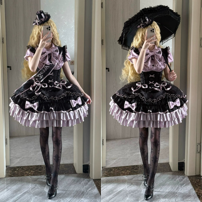 [order Deadline: May 12] Black Purple Lolita Idol Ribbon Puff Sleeve Shirt + Corset Tulle Pull-up Jks Dress Set