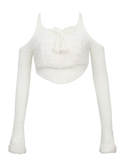Pure White Fur Top + Fur Slit Skirt + White Bear Hat