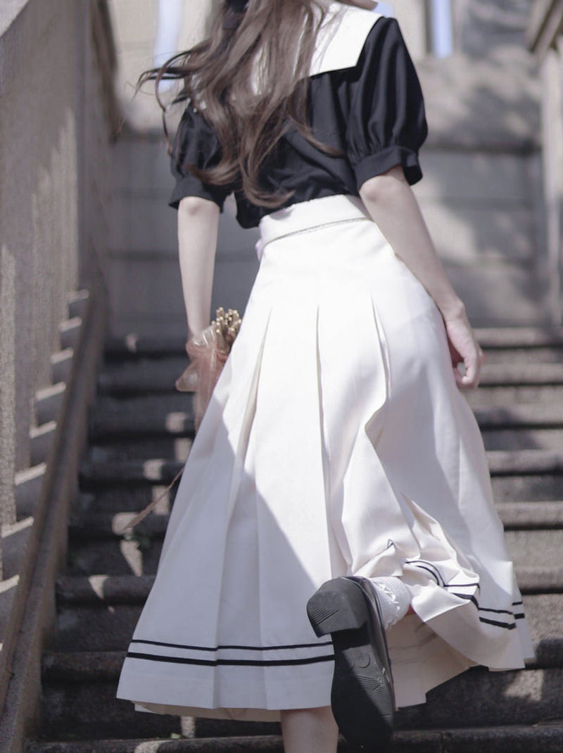 Retro French Sailor Collar Puff Sleeve Shirt + Box Pleat Skirt + Bunny Ear Necktie [pre-order]