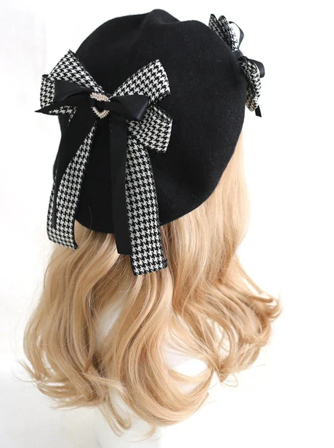 Houndstooth Ribbon Beret