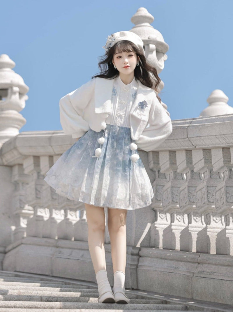 Ice Blue Chinese-style Dress + Fur Short Coat