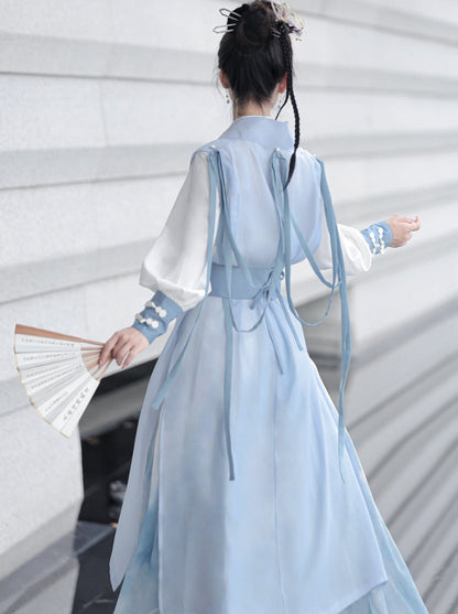 [pre-order] Light Blue Chinese-style Skirt + Tassel Long Vest + Chinese-style Blouse + Chinese-style Design Belt