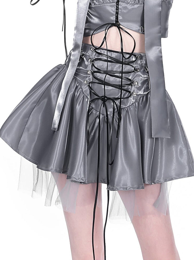 Cyberpunk Glitter Set Cross Neck Stole + Puff Sleeve Short Top + Lace Up Tulle Skirt