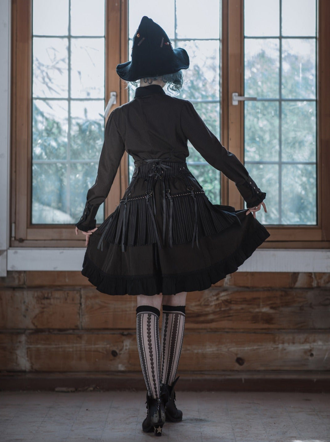 Steam Continental Ruffle Black Coffee Pinstripe Shirt Dress