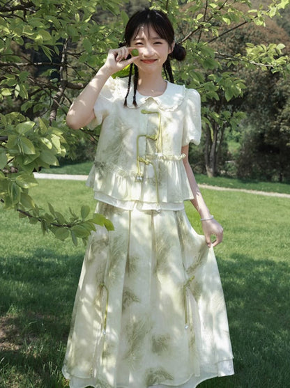 Chinese-style Tassel Chiffon Ruffle Layered Set