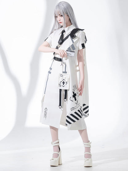 A Line Skirt Design Cape Suit [hoodie Cape + Shirt + Skirt + One Shoulder Cape]