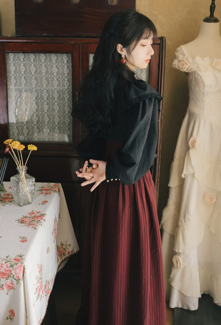 Ruffle Lace Blouse + Striped Corset Skirt