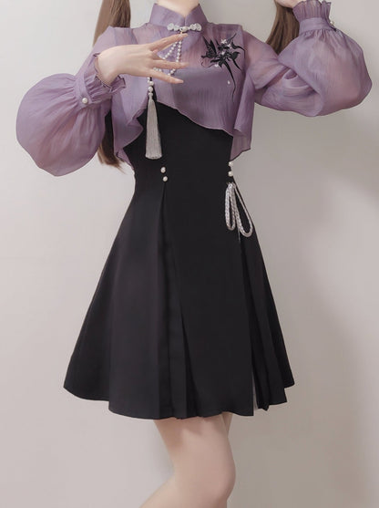 Chinese-style Embroidery Short Top + Suspender Skirt Suit