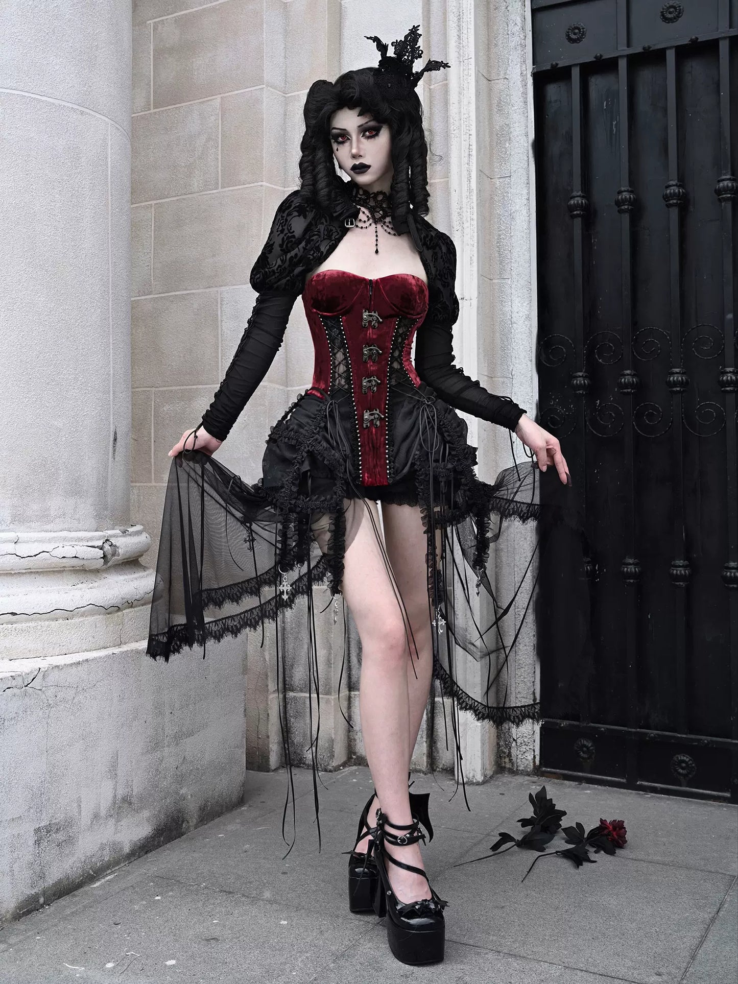 Hell Alice Gothic Dark Fishbone Strap Corset Tulle Dress Set