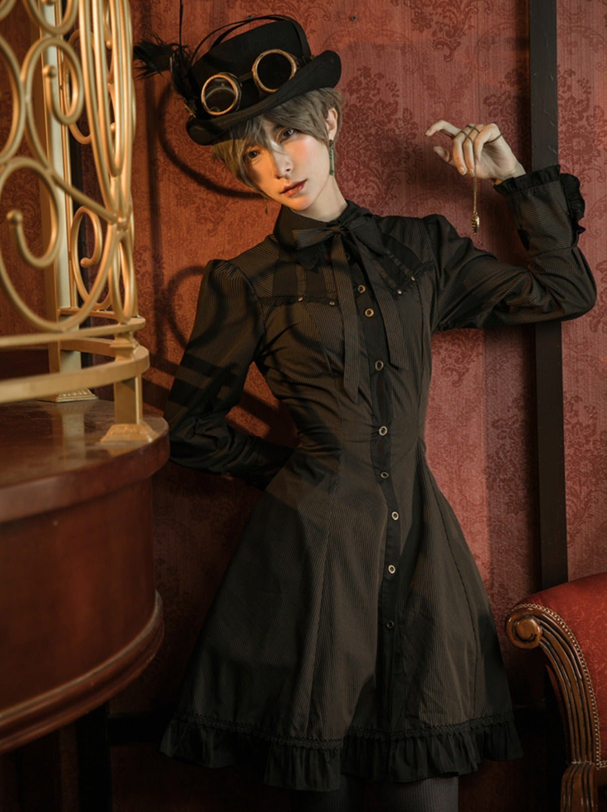 Steam Continental Ruffle Black Coffee Pinstripe Shirt Dress