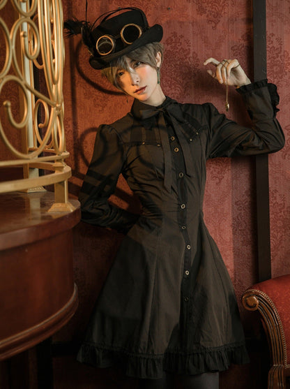 Steam Continental Ruffle Black Coffee Pinstripe Shirt Dress