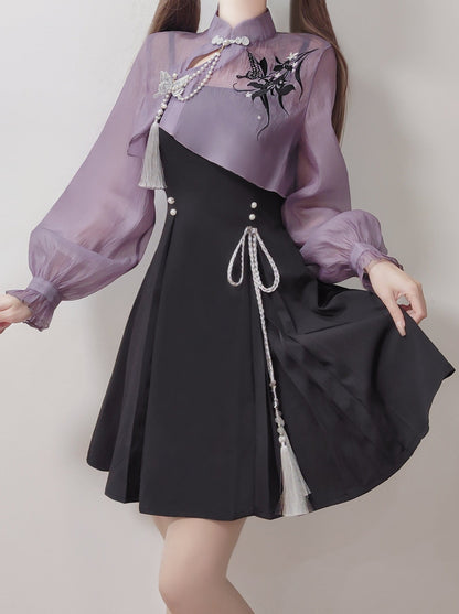 Chinese-style Embroidery Short Top + Suspender Skirt Suit