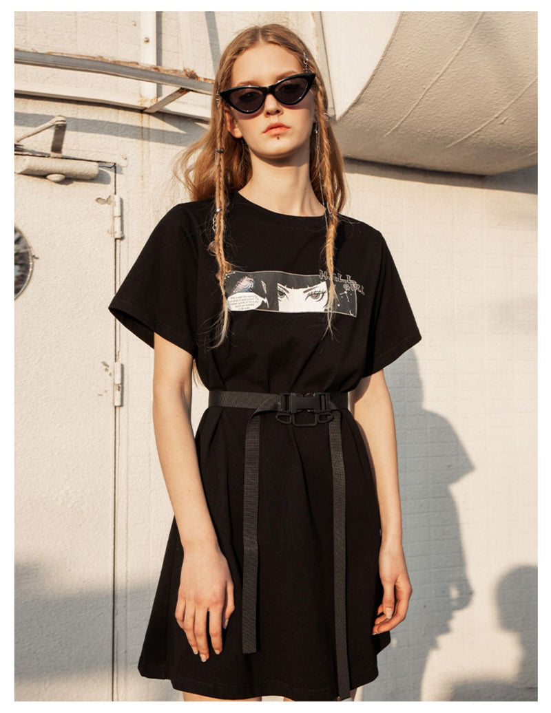 Sheer Long Sleeve Buckle Belt Dress-t