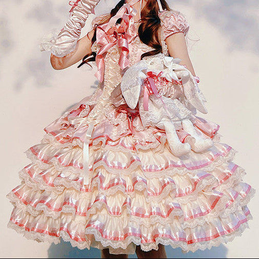 [pre-order Deadline: April 30] Sweet Pink Lolita Lace Ribbon Tiered Ruffle Princess Dress