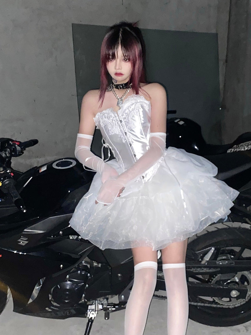Fairy Lace Embroidery Lace-up Bustier Tulle Dress Set