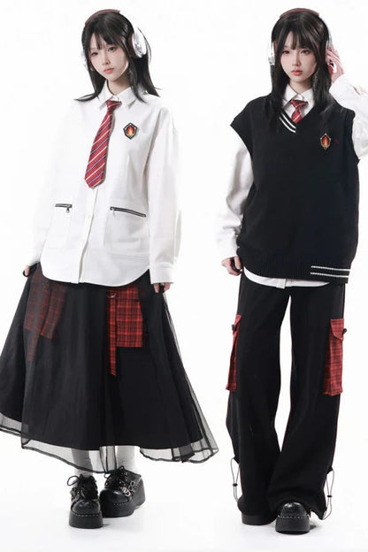 College Knit Vest + Shirt + Long Skirt + Pants + Tie