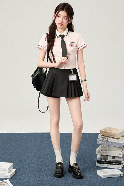 Short Sleeve Slim Waist Shirt + Hip Skirt