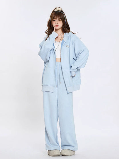 Suede Hooded Sweatshirt Lazy Style Set