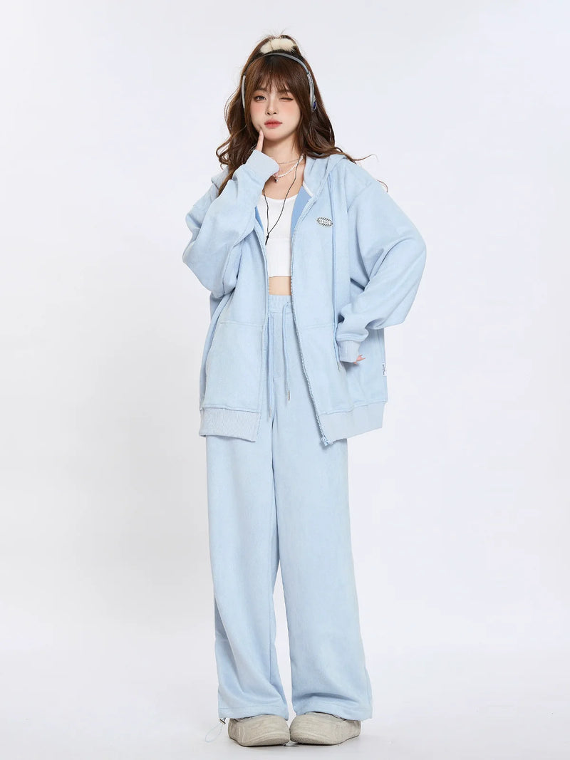 Suede Hooded Sweatshirt Lazy Style Set