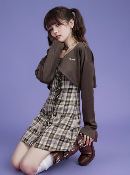 Logo Sweat Top + Plaid Lace Up Camisole Dress