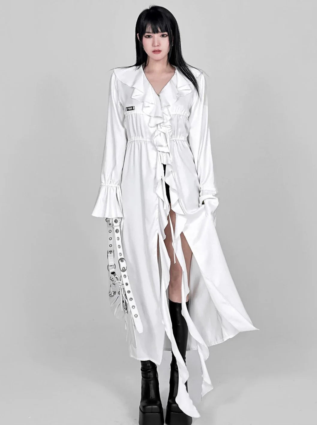 Ruffle Lace Drawstring Waist Shirt Extra Long Jacket