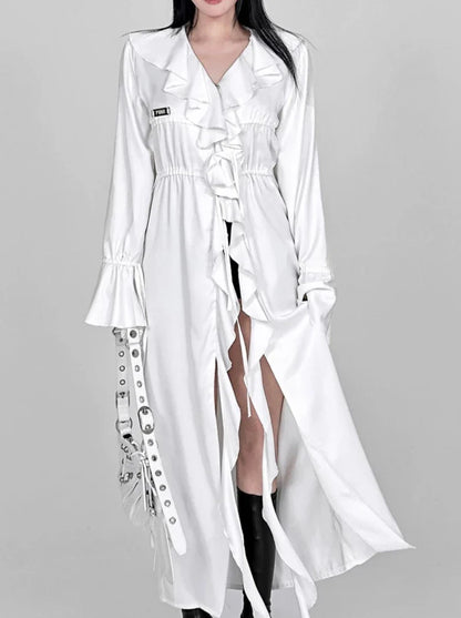 Ruffle Lace Drawstring Waist Shirt Extra Long Jacket