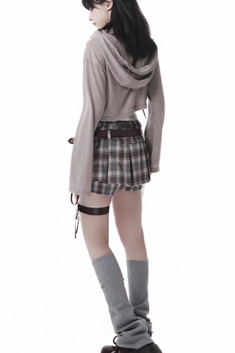 Y2k Hooded Crop Top + Sleeveless Shirt With Tie + Plaid Culottes