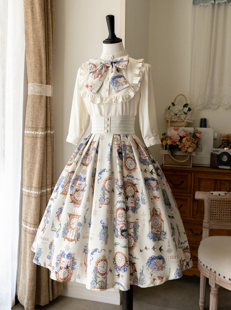 Eternal Echo Retro Classical Daily Lolita Print Shirt Skirt Set