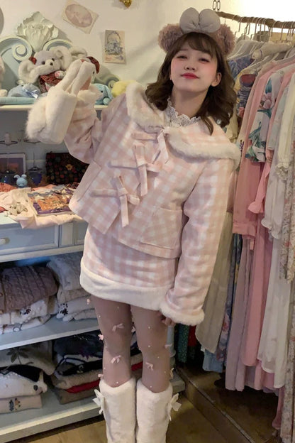 Peach Plaid Sweet Bow Coat + Plaid Tight Skirt + Fur Plaid Skirt