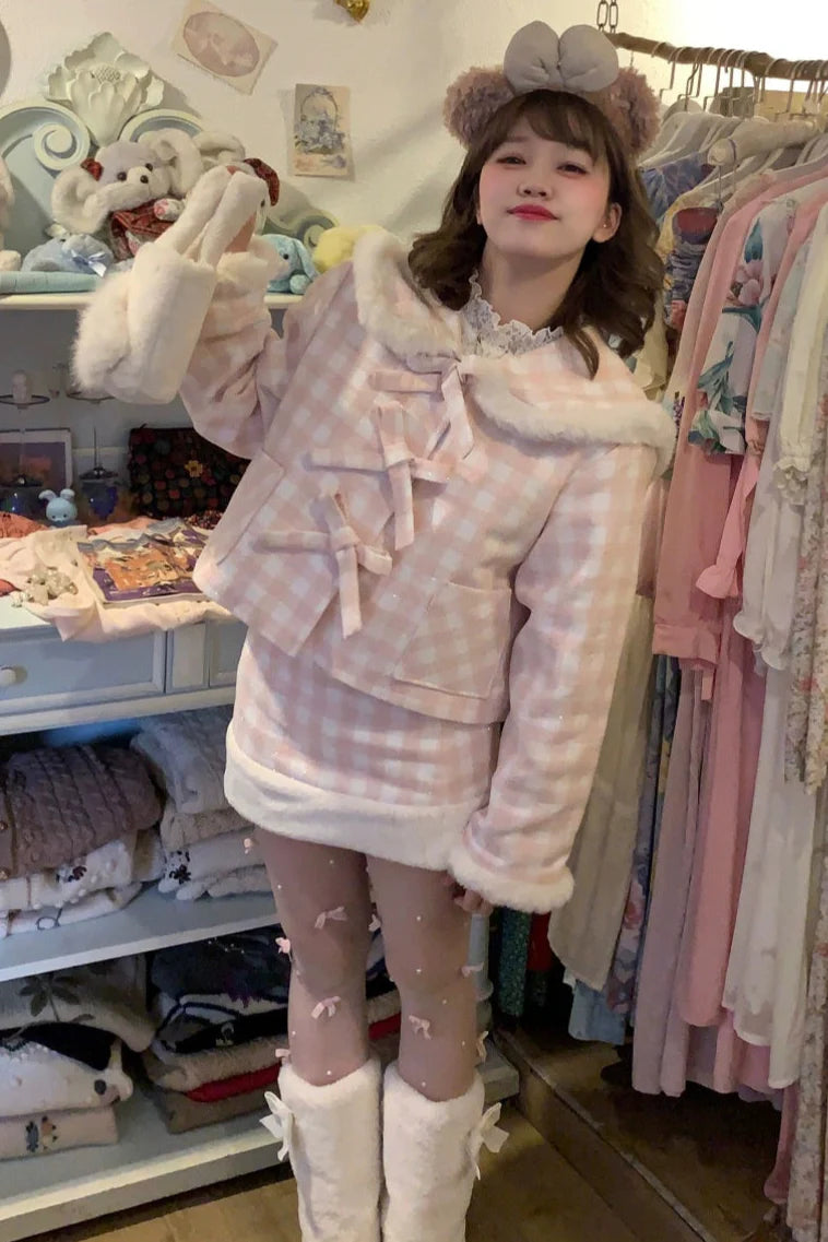 Peach Plaid Sweet Bow Coat + Plaid Tight Skirt + Fur Plaid Skirt