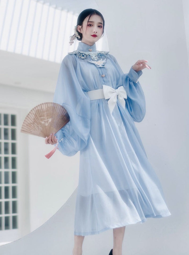 Waist Belt Sheer Stand Collar Puff Sleeve Dress