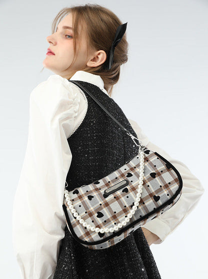 American Retro Sweet Cool Love Plaid Pearl Handle Shoulder Bag