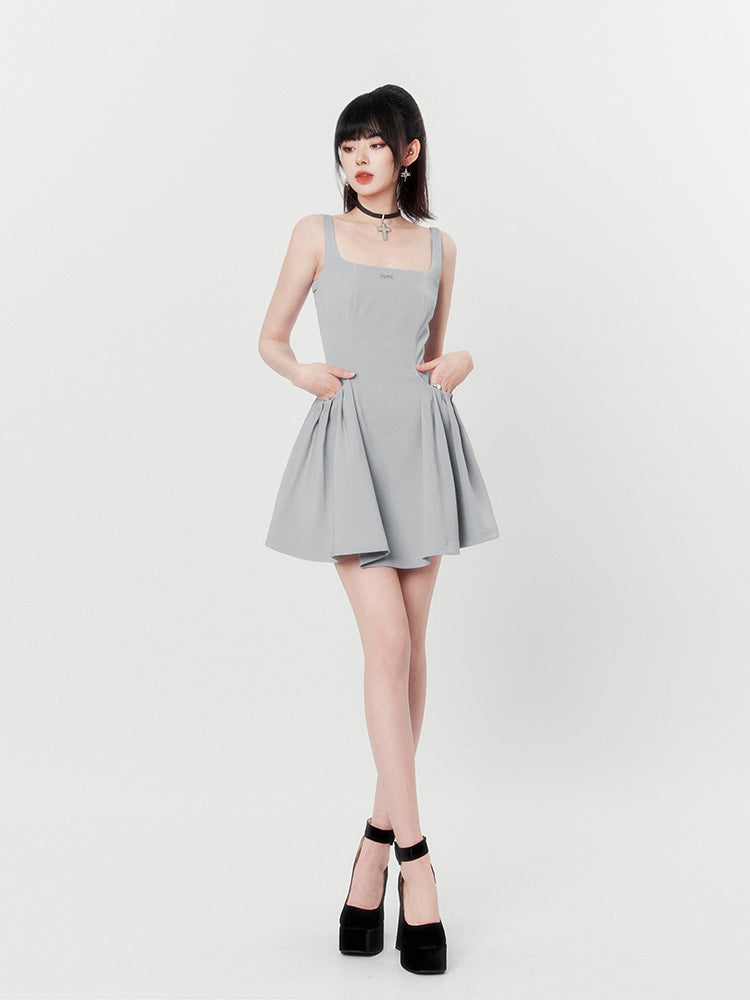 Hot Girl Black & Gray Square Neck French High End Suspender Dress