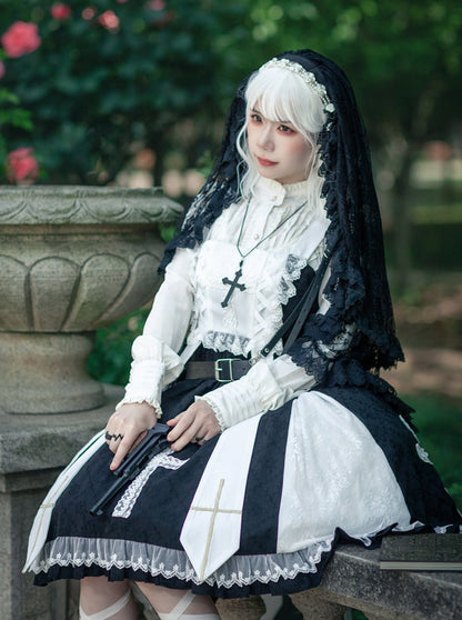 Cross Lolita Dress + Short Jacket + Headband + Veil + Collar