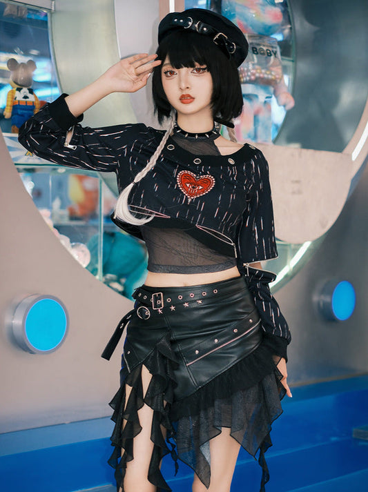Punk Dark Heart Short Sweatshirt + Inner Top + Skirt + Hat + Necklace