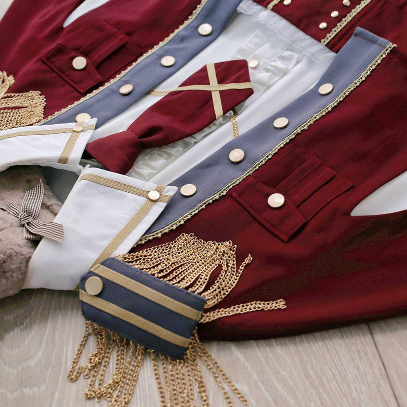 Military Style Cape Jacket + Ruffled Blouse With Tie + Waist Marked Split Layered Skirt