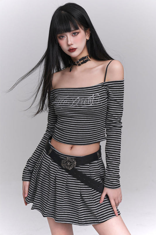 Striped Off-shoulder Top + Short Skirt
