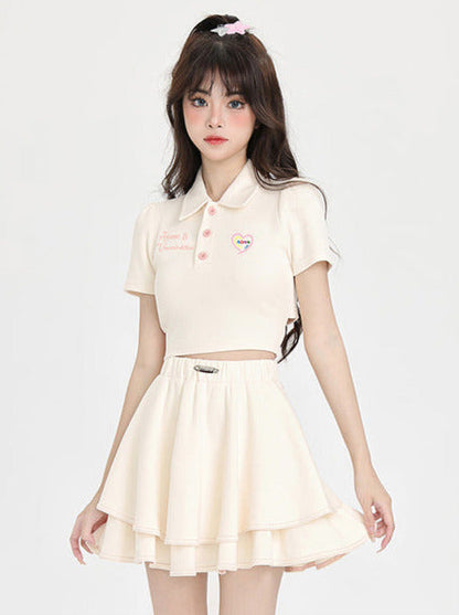 Back Ribbon Short Polo Collar Shirt + Ballet Style Skirt