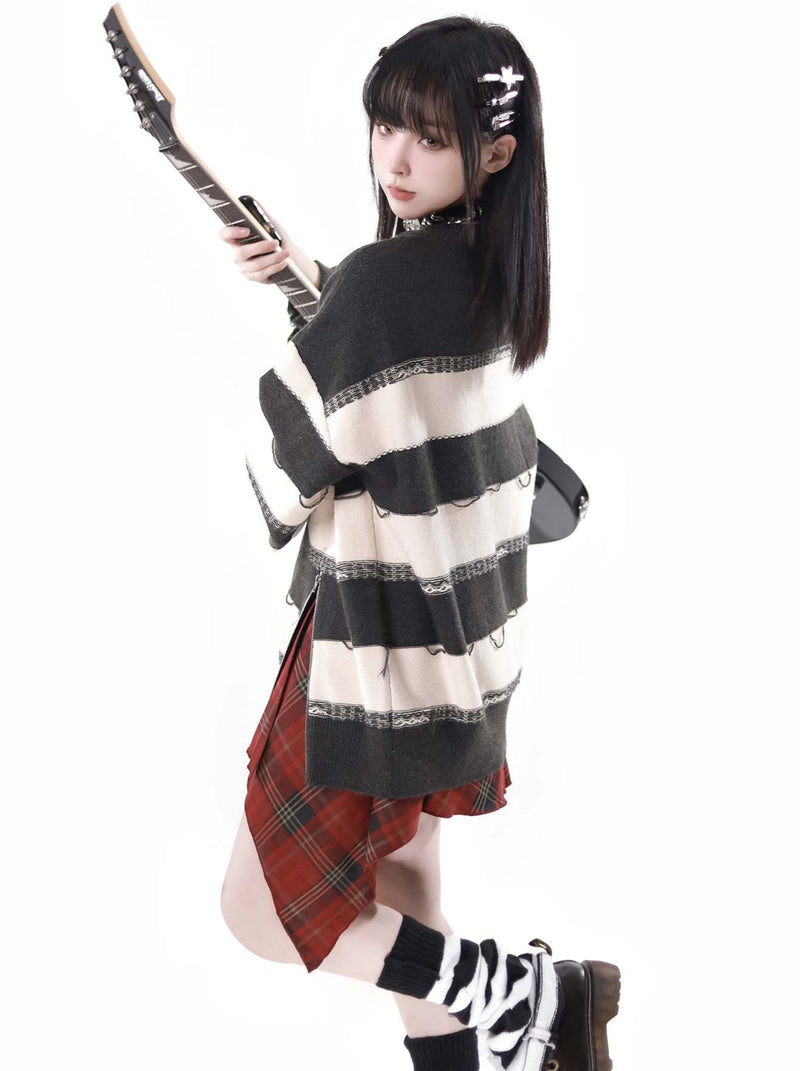 Sound Wave Zip Guitar Striped Top + Two-piece Skirt Set