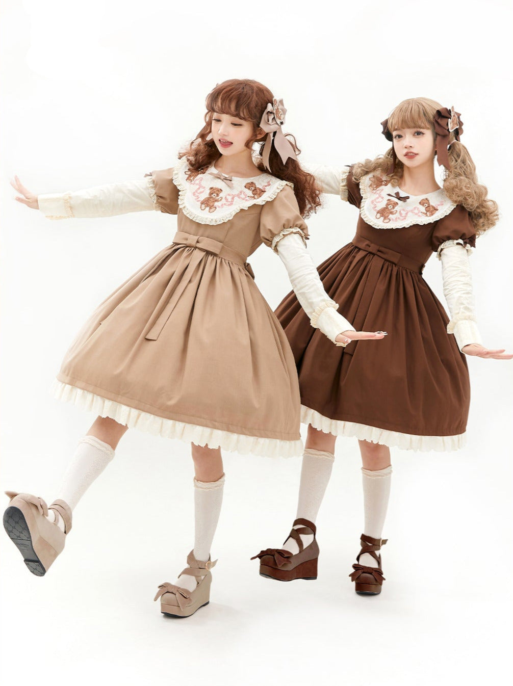 [pre-order] Lolita Teddy Bear Flap Lace Puff Sleeve Ribbon Dress