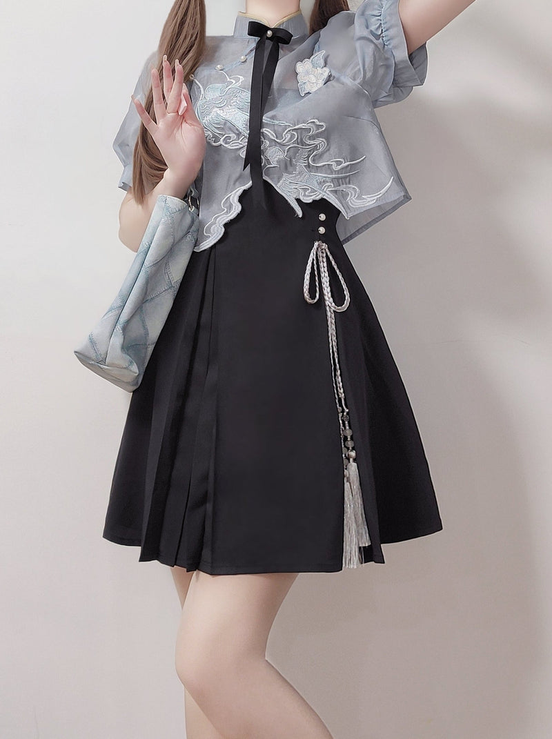 Chinese-style Embroidery Short Top + Suspender Skirt Suit