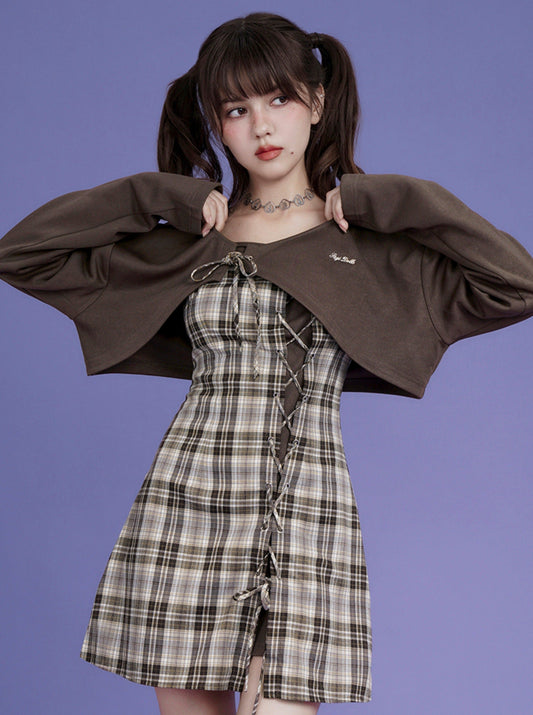 Logo Sweat Top + Plaid Lace Up Camisole Dress