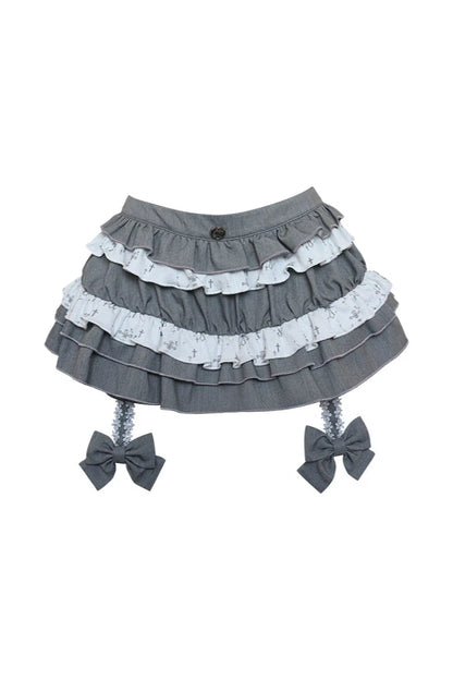 Dream Broken Galaxy Cross Tube Top + Gray Knit Cardigan + Gray Tiered Skirt
