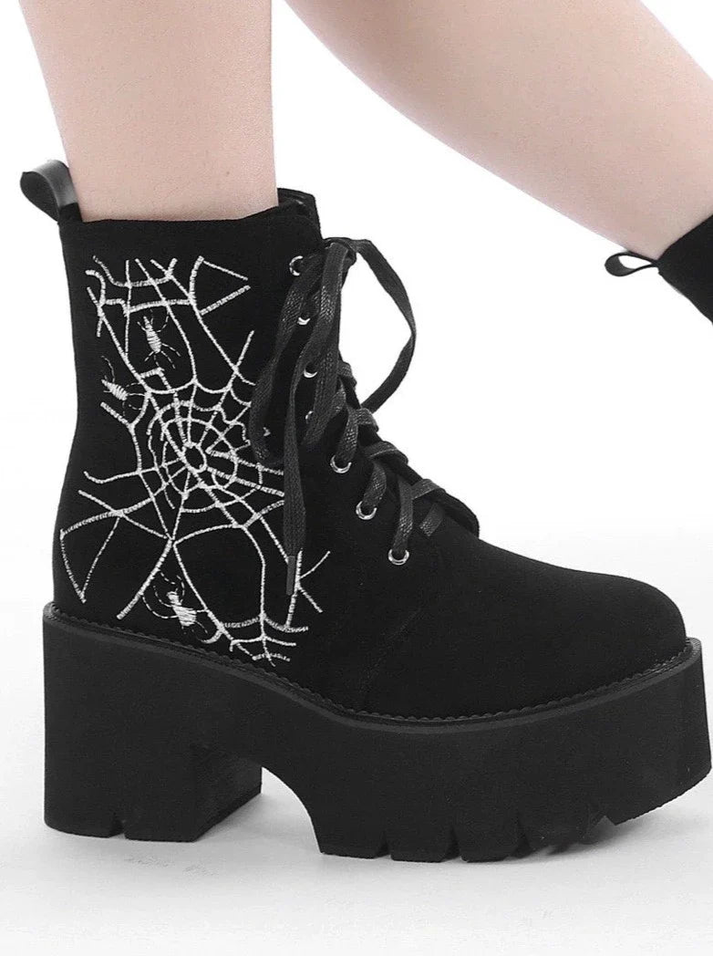 Spider Design Matte Black Short Boots