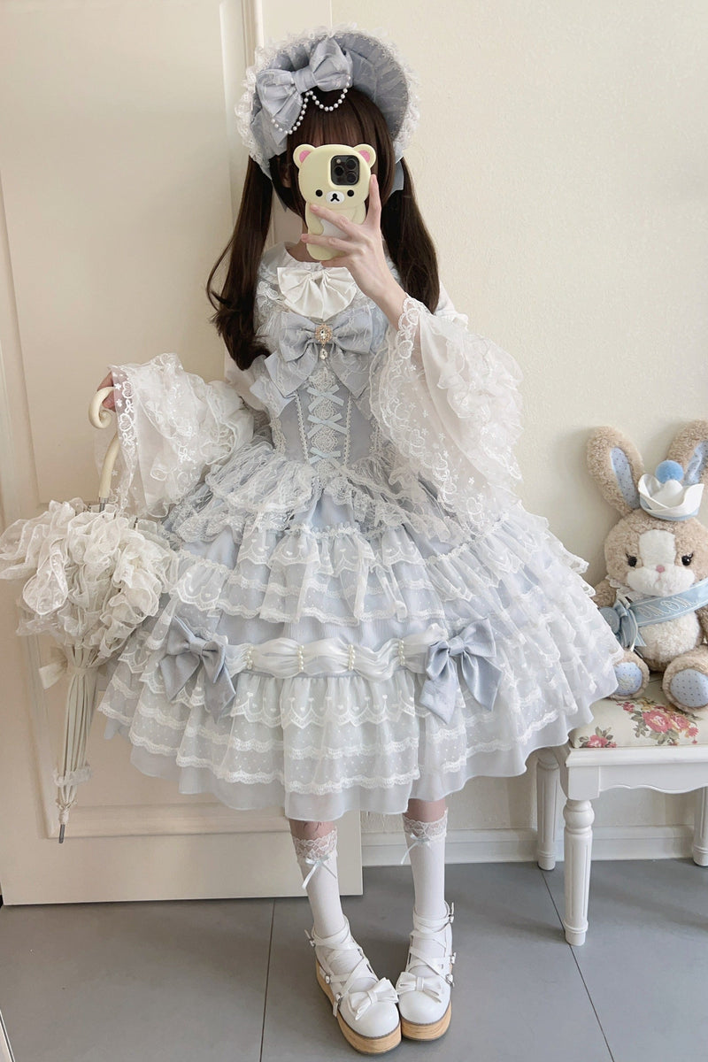 [pre-order] White Sugar Doll Princess Sleeve Suspender Dress Suit + Bonnet Hat