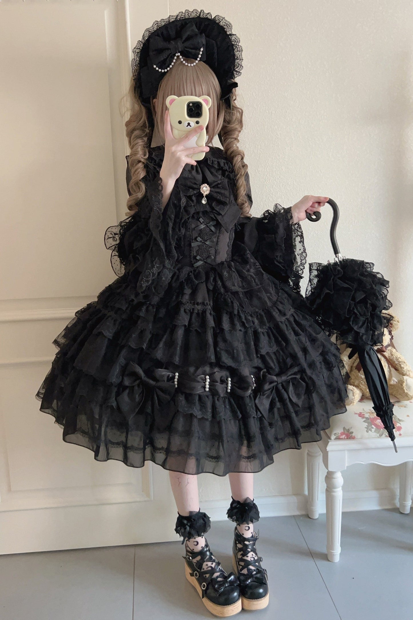 [pre-order] White Sugar Doll Princess Sleeve Suspender Dress Suit + Bonnet Hat