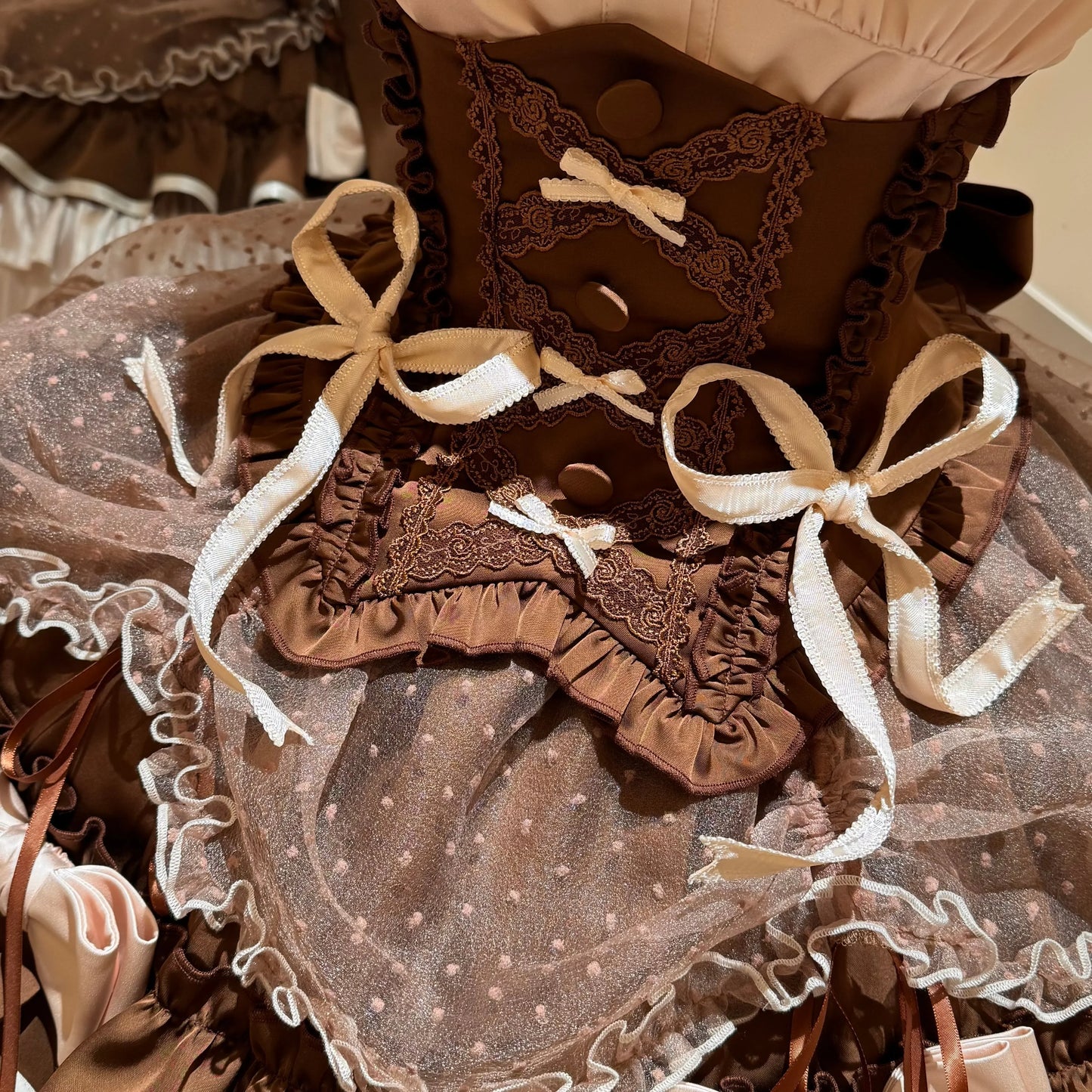[order Deadline: May 12] Café Mocha Lolita Idol Ribbon Puff Sleeve Shirt + Corset Tulle Pull-up Jks Dress Set
