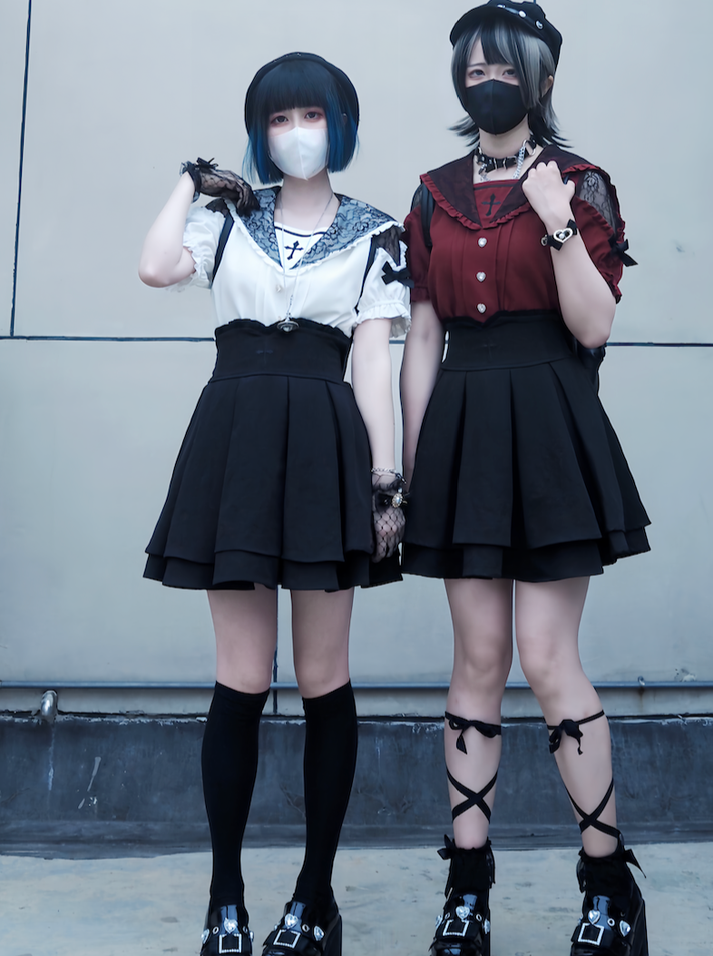 [pre-order] Lace Cross Collar Top + High Waist Skirt