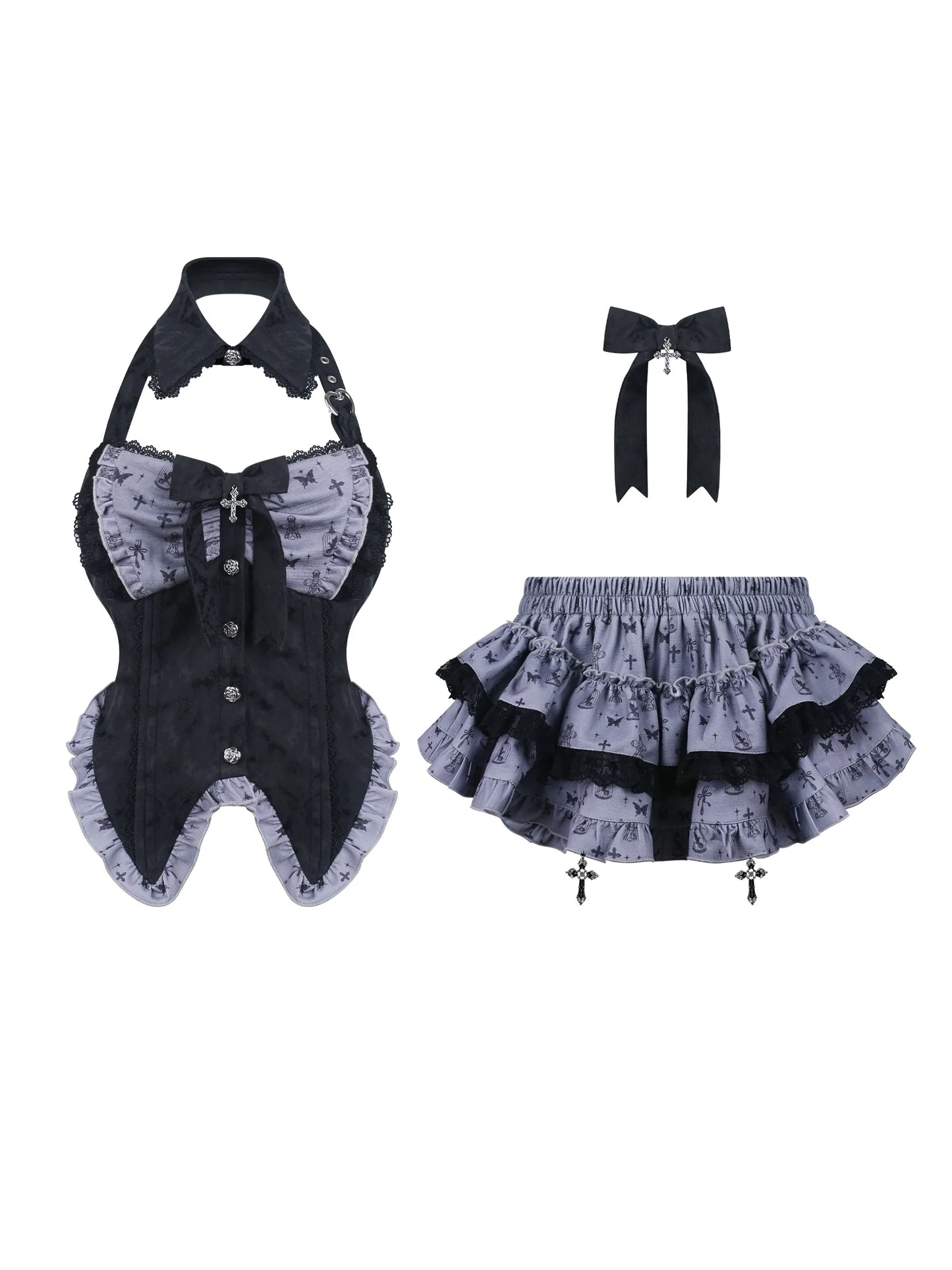 Dark Night Doll Black Print Patchwork Ribbon Top + Print Skirt
