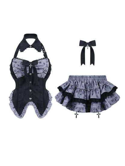 Dark Night Doll Black Print Patchwork Ribbon Top + Print Skirt